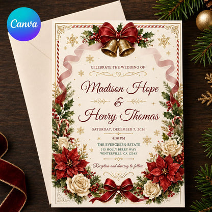 Red Christmas Wedding Invitation — editable Canva template