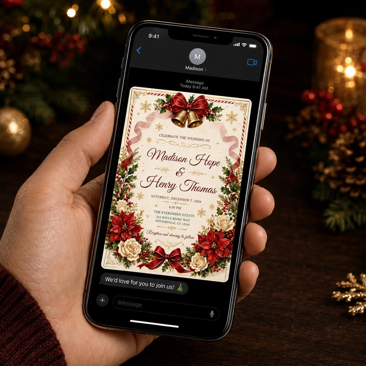 Red Christmas Wedding Invitation — greenery design