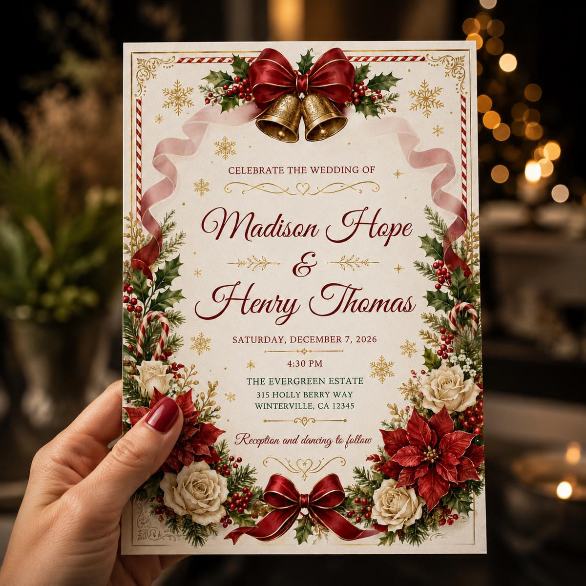 Red Christmas Wedding Invitation — invitation you personalize in Canva