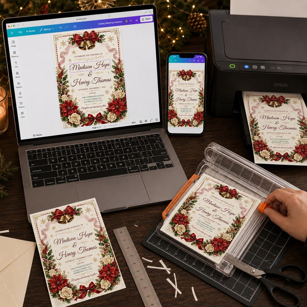 Red Christmas Wedding Invitation — print-ready wedding design from VoltBy