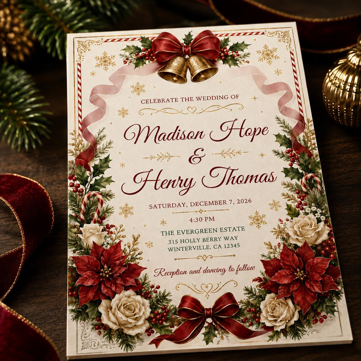 Red Christmas Wedding Invitation — digital invitation, instant download