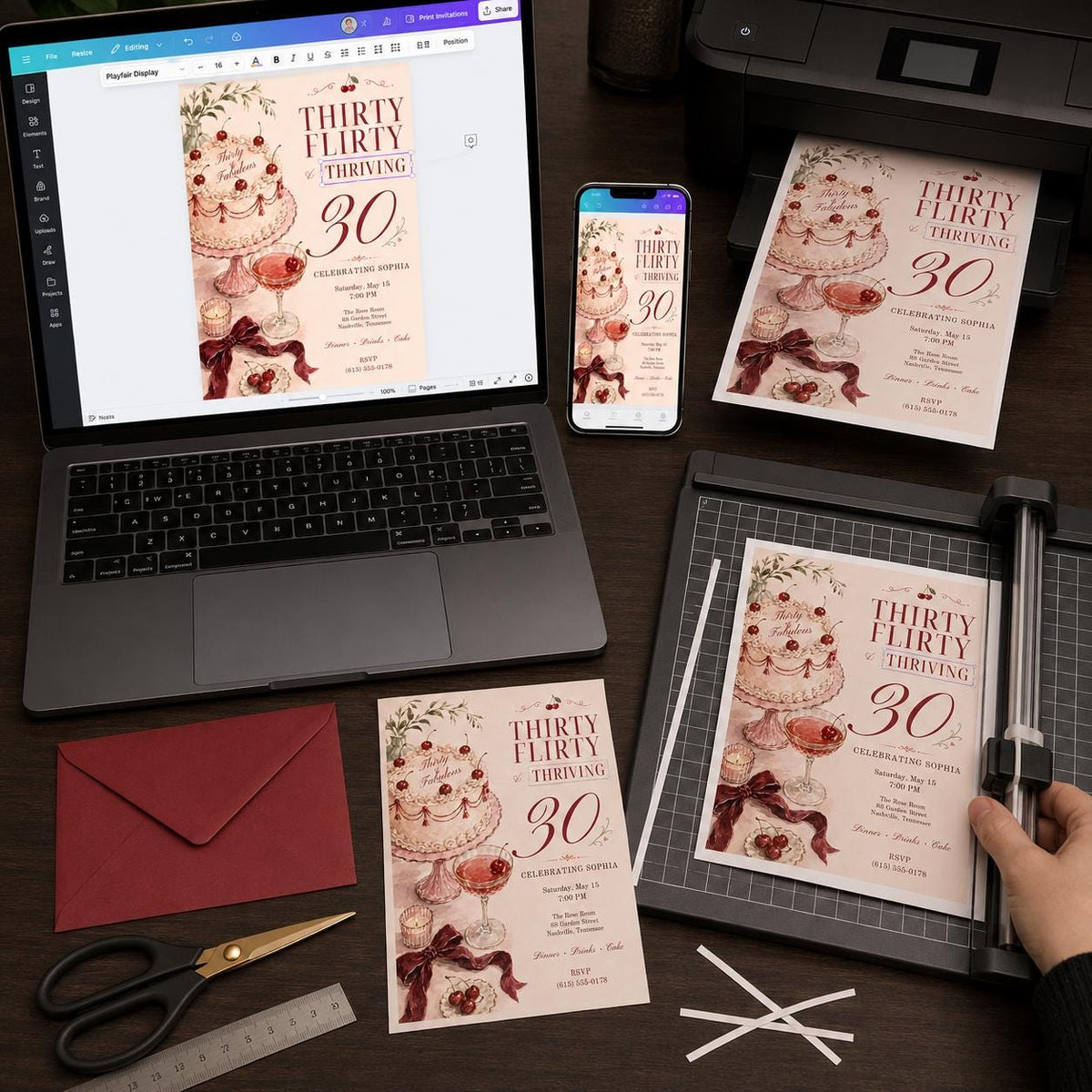 Red Coquette 30th Birthday Invitation — print-ready 30th birthday party design from VoltBy