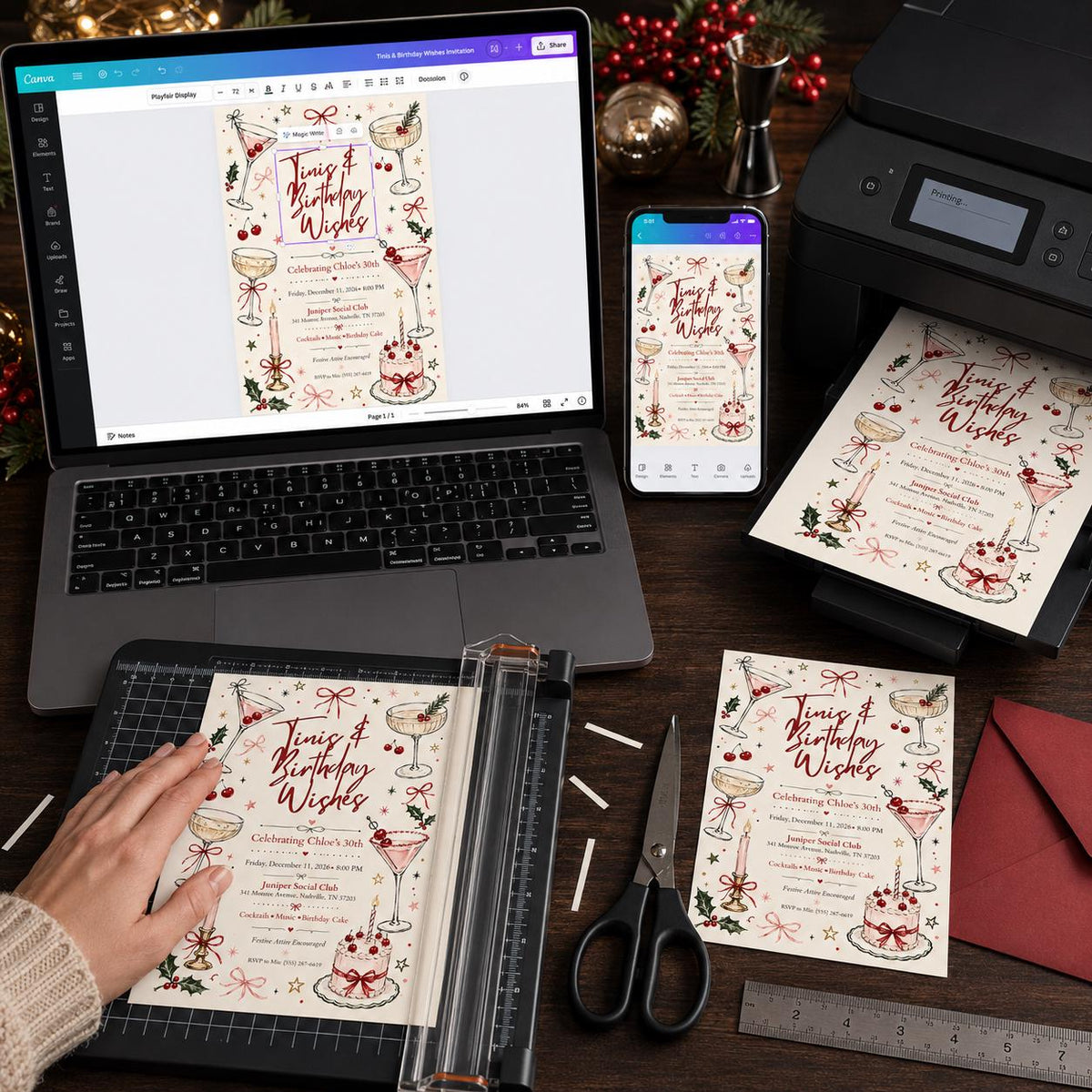 Red Coquette Christmas 30th Birthday Invitation — print-ready 30th birthday party design from VoltBy