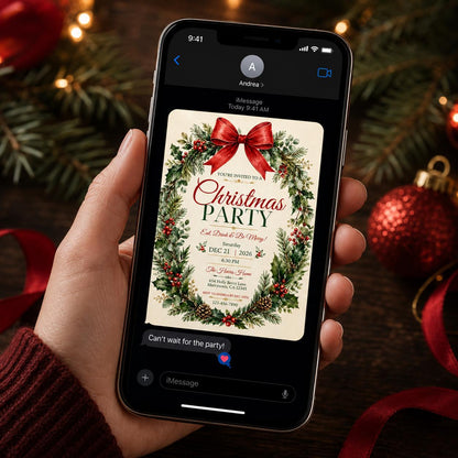 Red Elegant Christmas Party Invitation — bow and greenery design