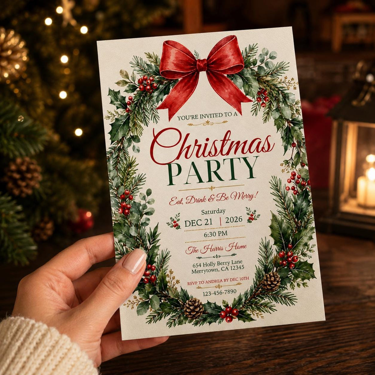 Red Elegant Christmas Party Invitation — invitation you personalize in Canva