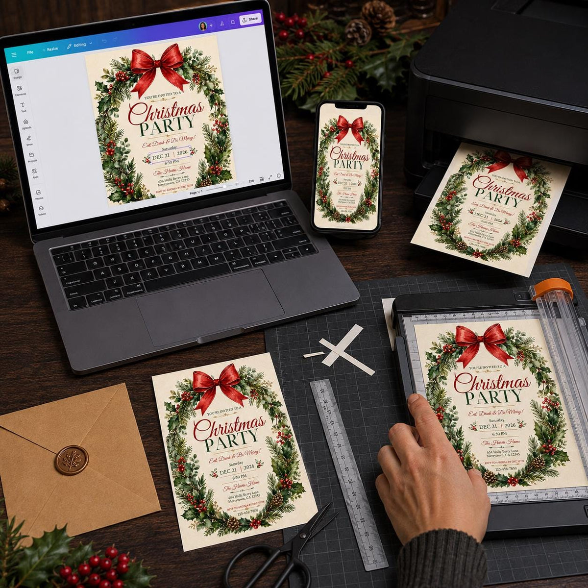 Red Elegant Christmas Party Invitation — print-ready Christmas celebration design from VoltBy
