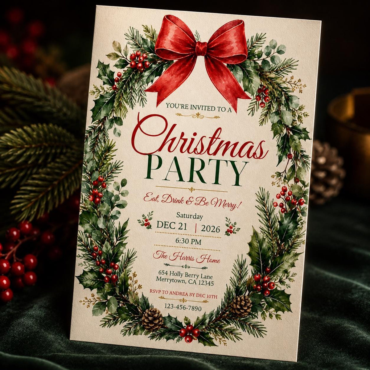 Red Elegant Christmas Party Invitation — digital invitation, instant download