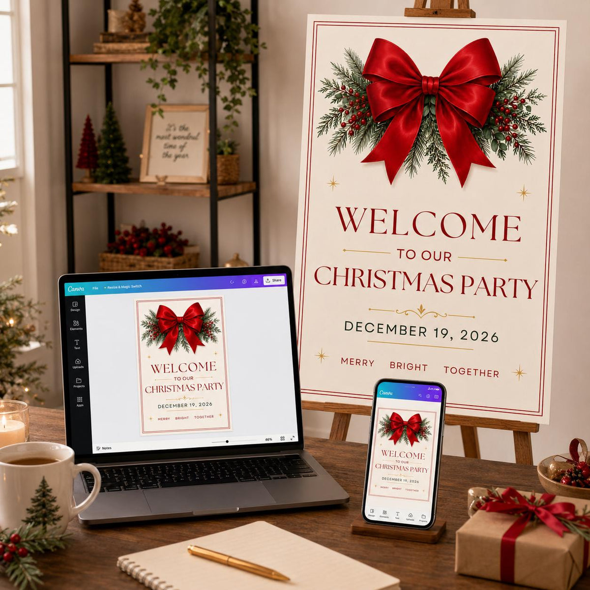 Red Elegant Christmas Party Welcome Sign — bow design