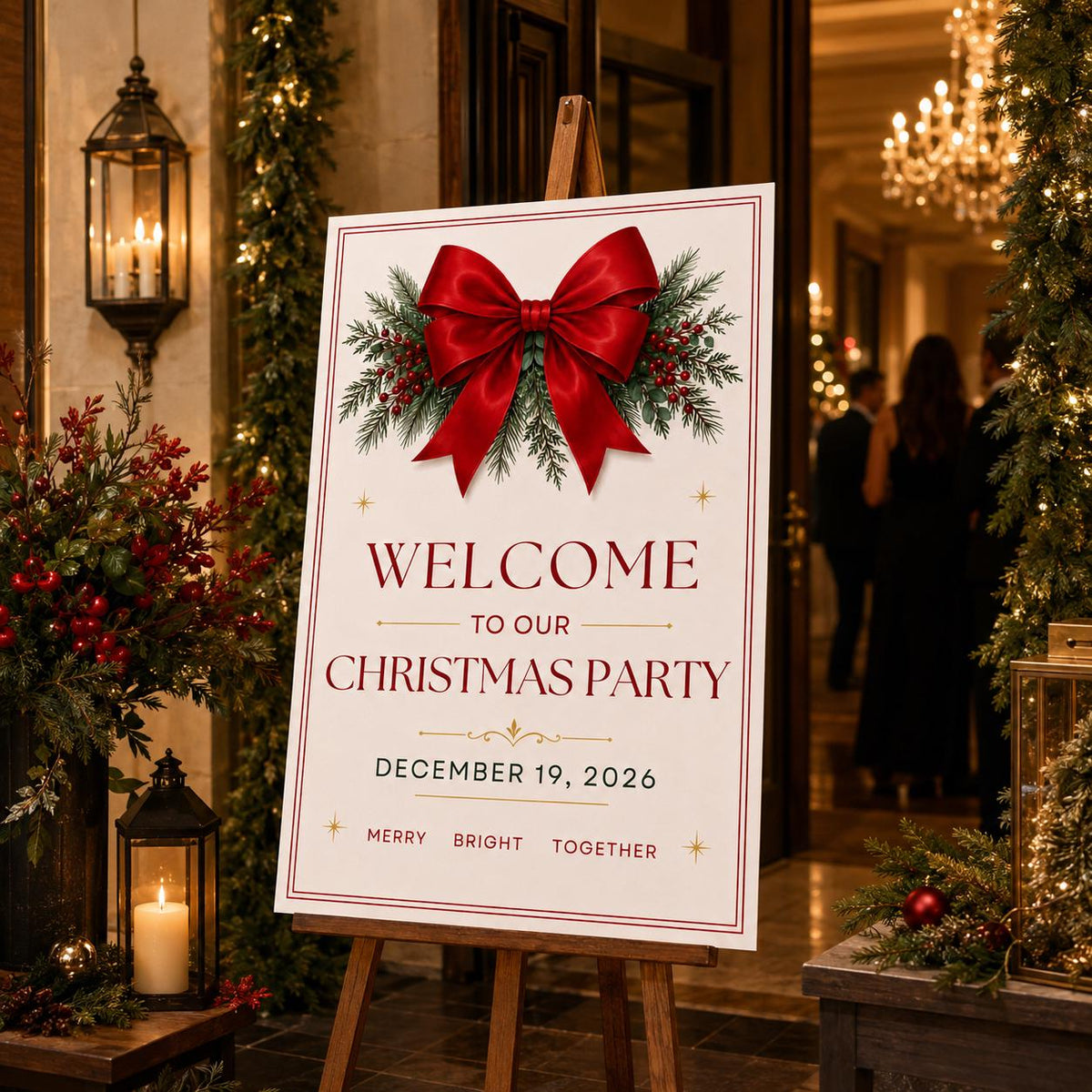 Red Elegant Christmas Party Welcome Sign — welcome sign you personalize in Canva