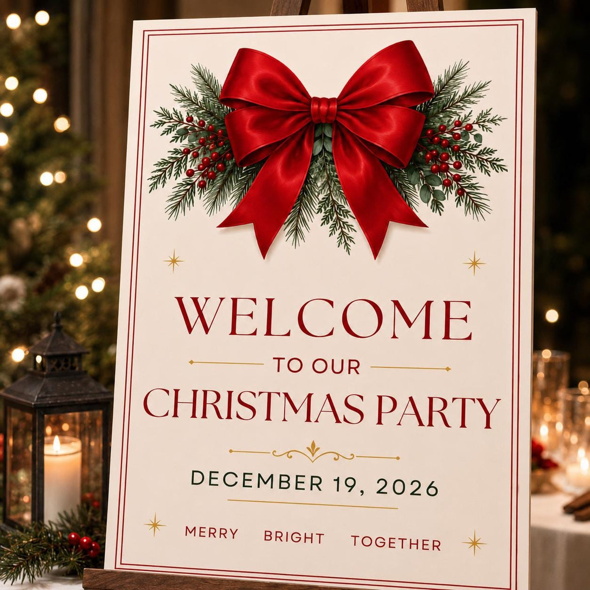 Red Elegant Christmas Party Welcome Sign — print-ready Christmas celebration design from VoltBy