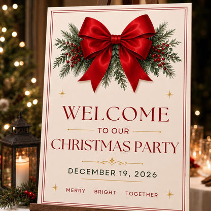 Red Elegant Christmas Party Welcome Sign — print-ready Christmas celebration design from VoltBy