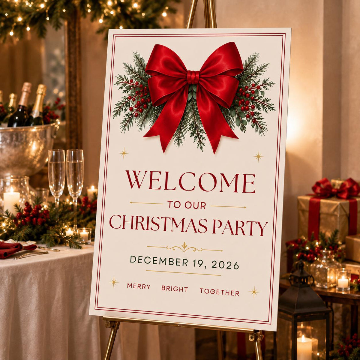 Red Elegant Christmas Party Welcome Sign — digital welcome sign, instant download