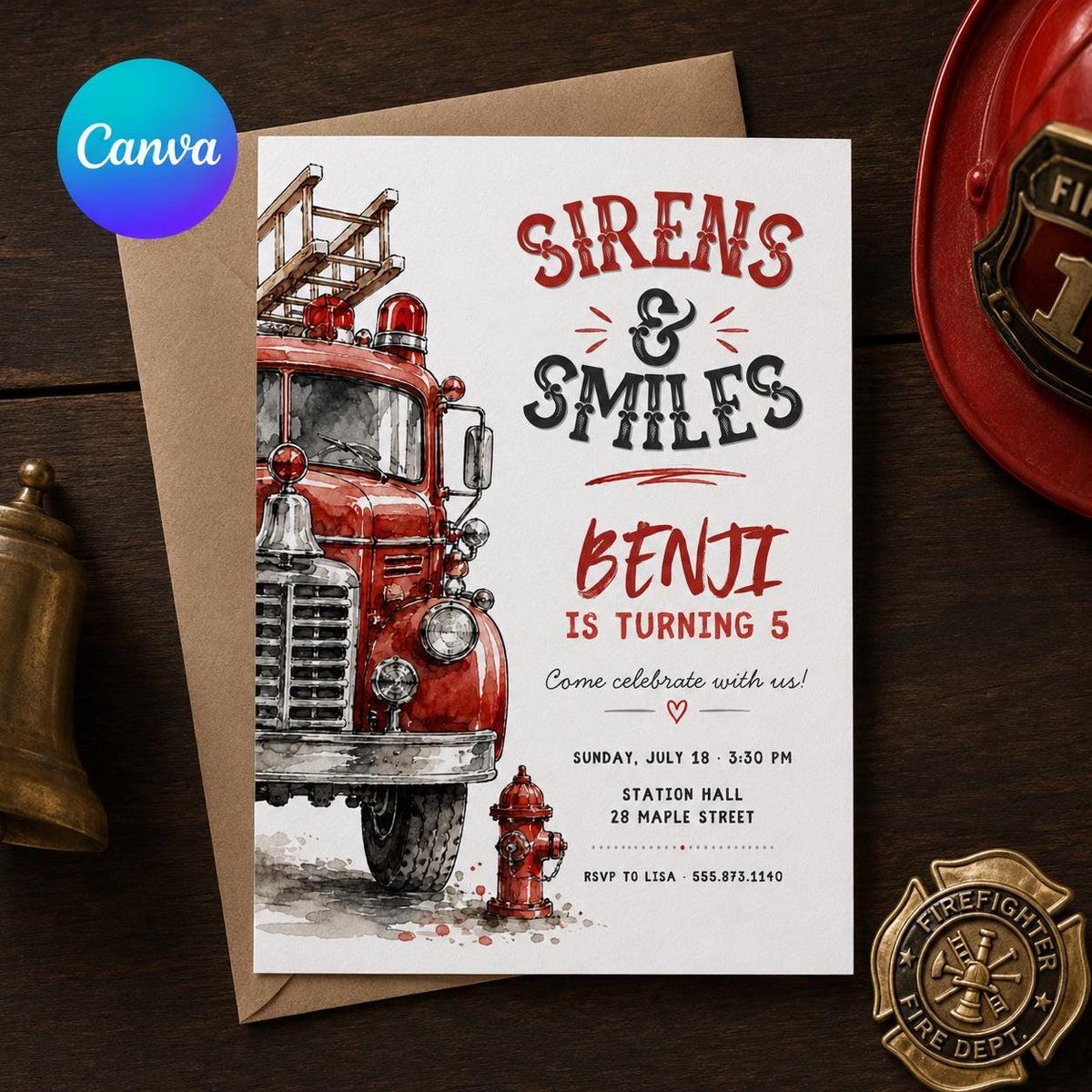 Red Firetruck 5th Birthday Invitation — editable Canva template