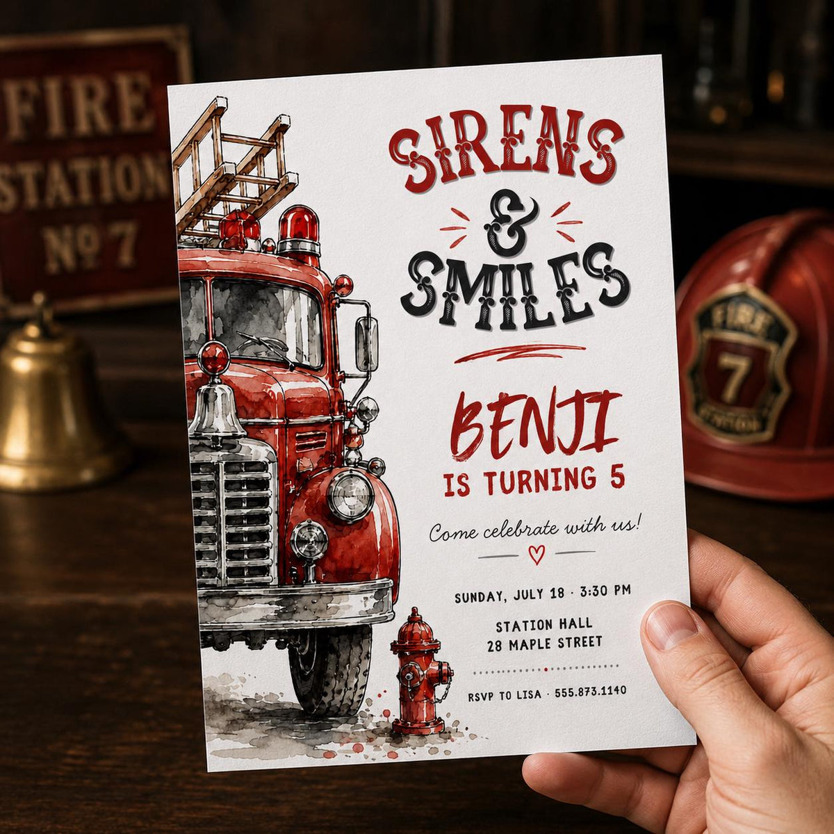 Red Firetruck 5th Birthday Invitation — invitation you personalize in Canva