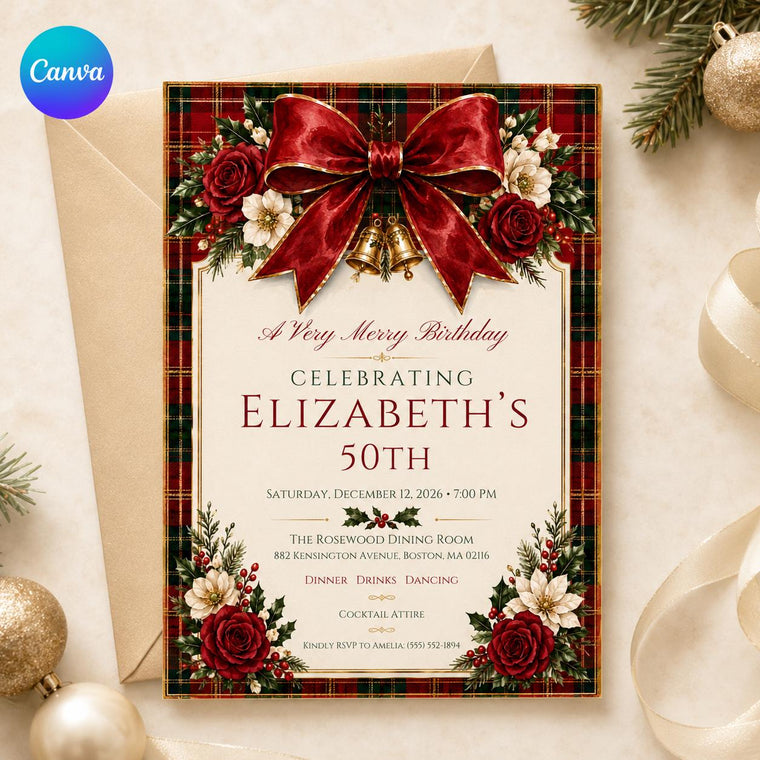 Red Floral Christmas 50th Birthday Invitation
