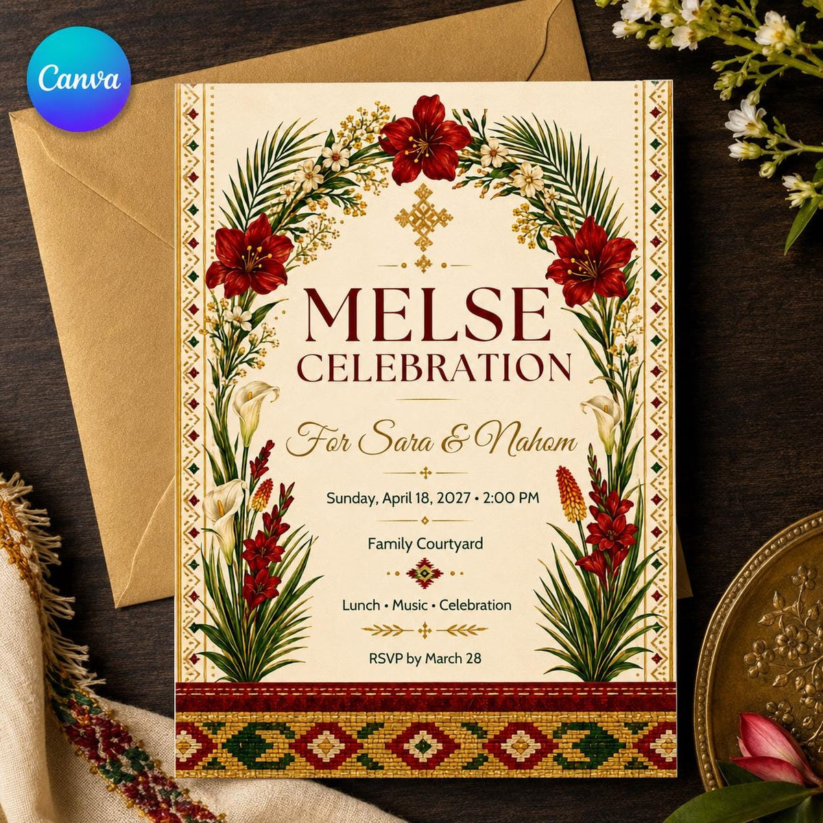 Red Floral Ethiopian Melse Celebration Invitation — editable Canva template