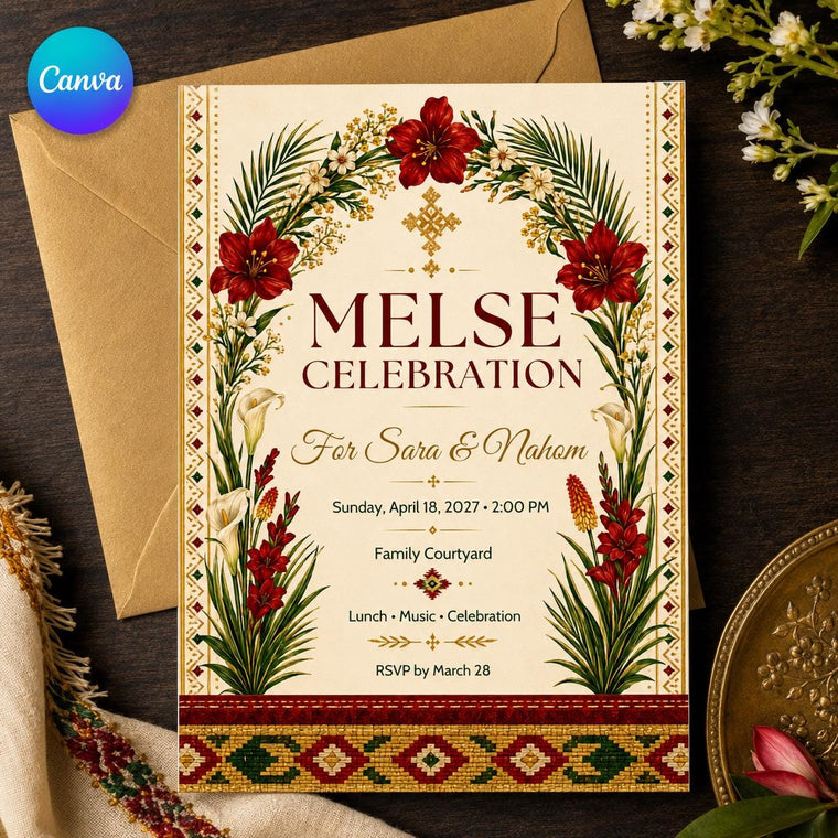 Red Floral Ethiopian Melse Celebration Invitation