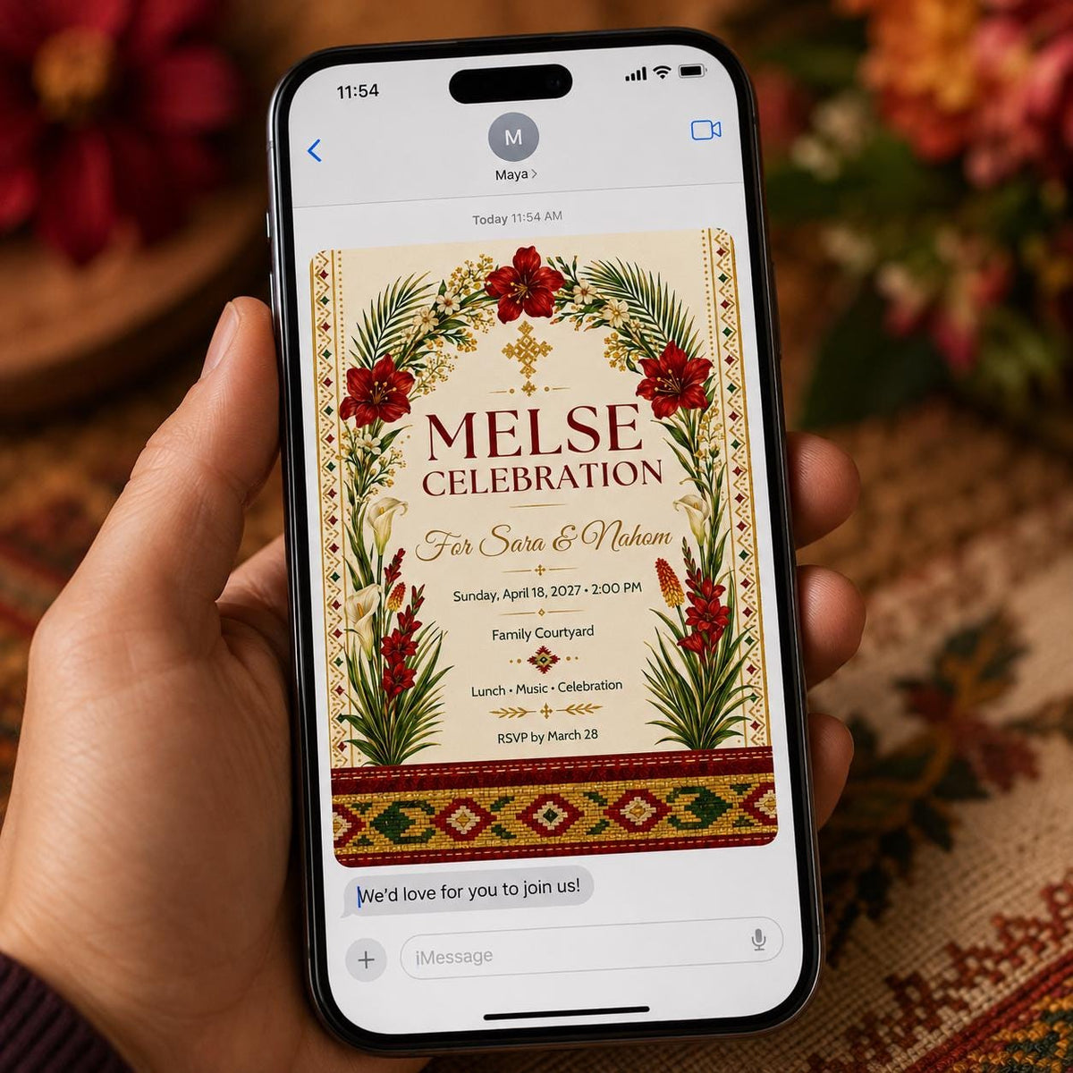 Red Floral Ethiopian Melse Celebration Invitation — invitation you personalize in Canva