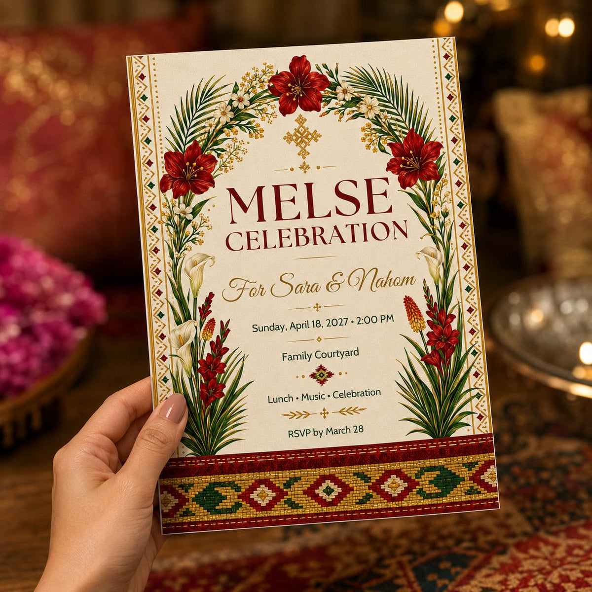 Red Floral Ethiopian Melse Celebration Invitation — print-ready wedding design from VoltBy