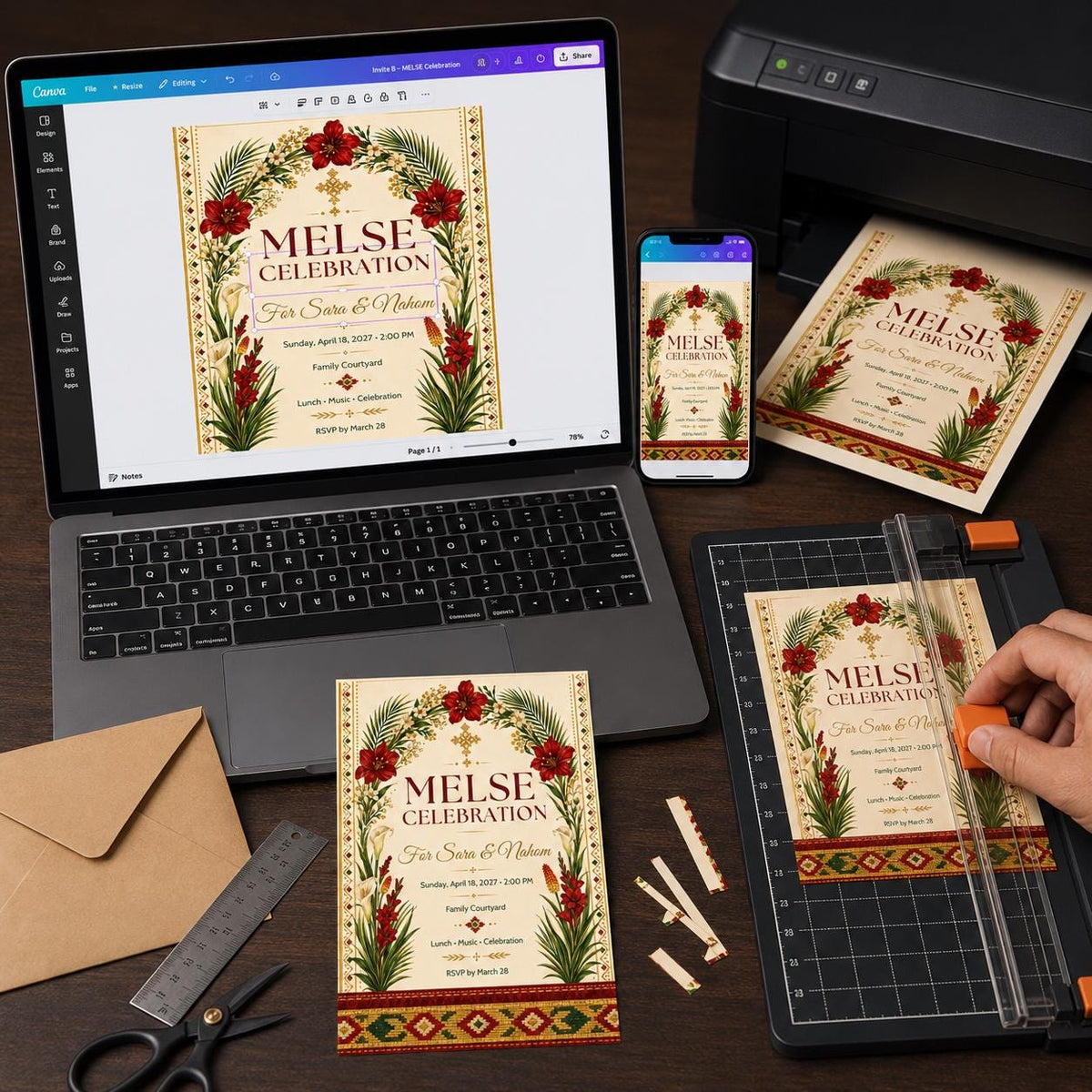 Red Floral Ethiopian Melse Celebration Invitation — digital invitation, instant download