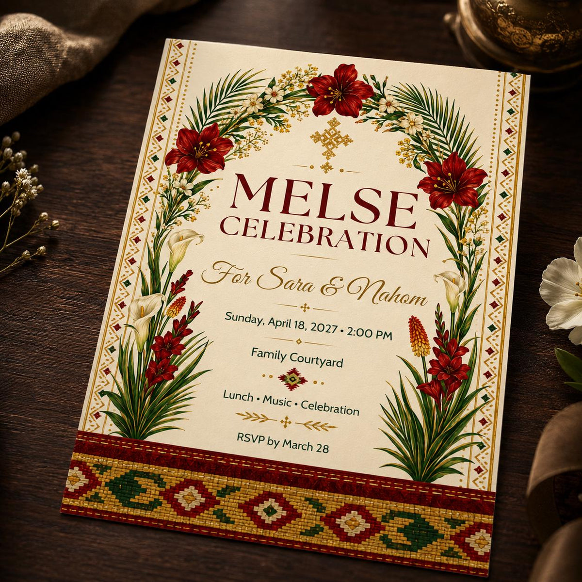 Red Floral Ethiopian Melse Celebration Invitation — wedding stationery by VoltBy