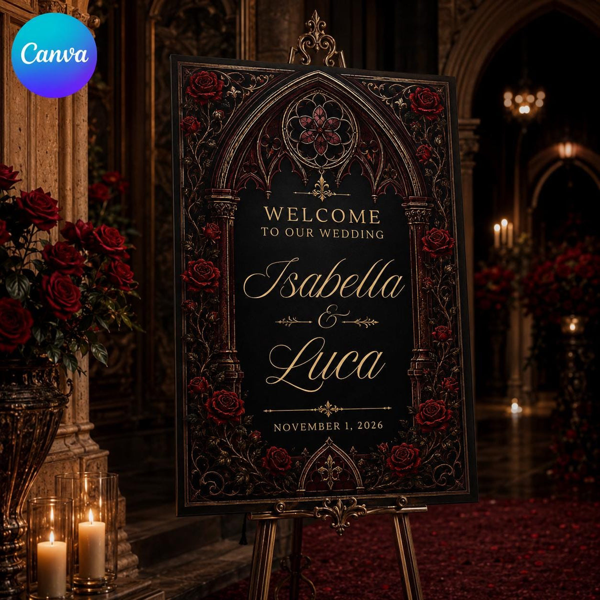 Red Floral Gothic Wedding Welcome Sign — editable Canva template