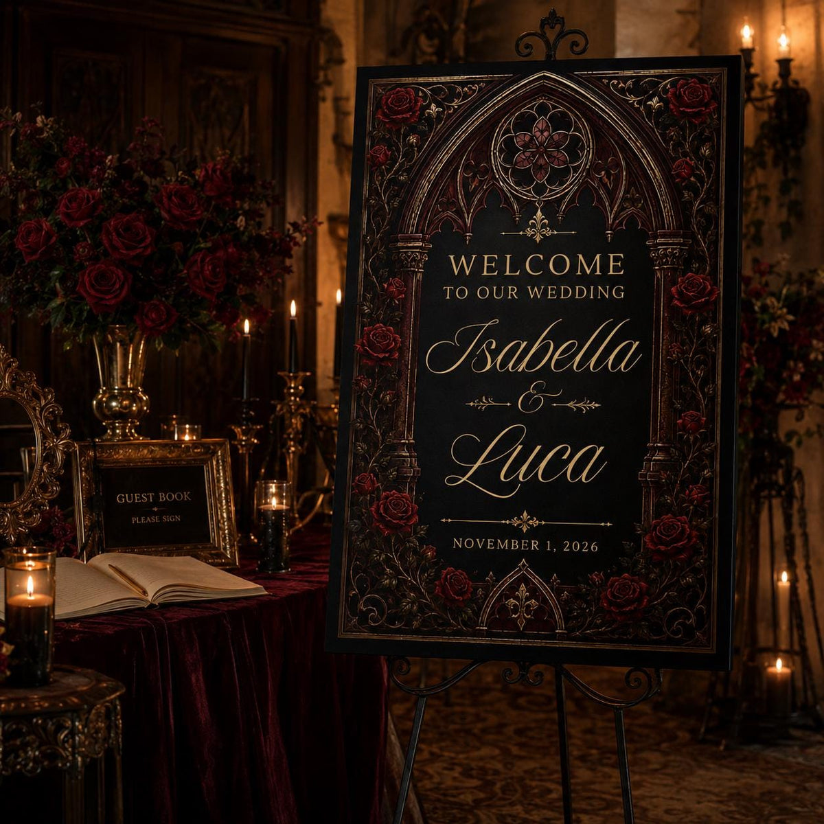 Red Floral Gothic Wedding Welcome Sign — print-ready wedding design from VoltBy