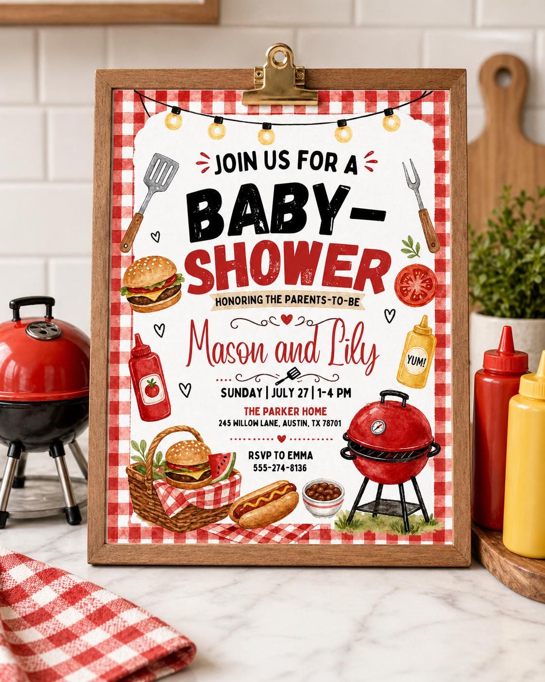 Red Gingham Baby Shower Barbecue Grill Invitation — baby shower stationery by VoltBy