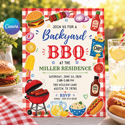 Red Gingham BBQ Birthday Invitation — editable Canva template