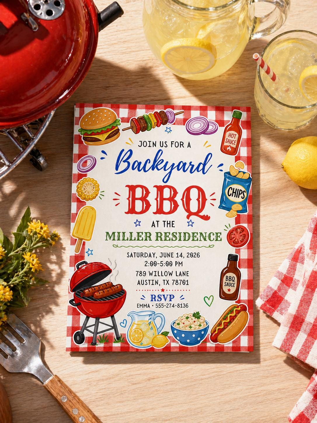 Red Gingham BBQ Birthday Invitation — invitation you personalize in Canva