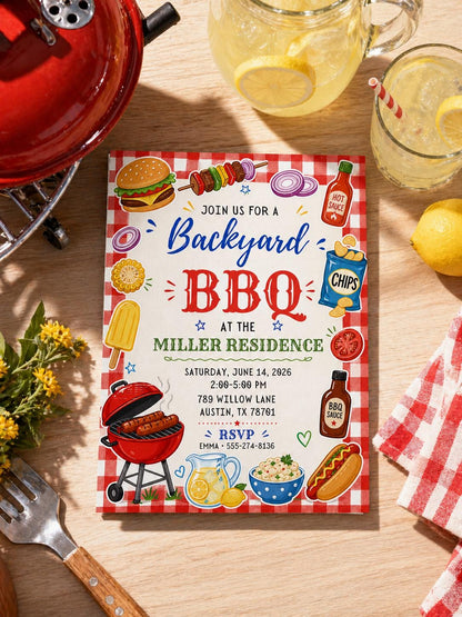 Red Gingham BBQ Birthday Invitation — invitation you personalize in Canva