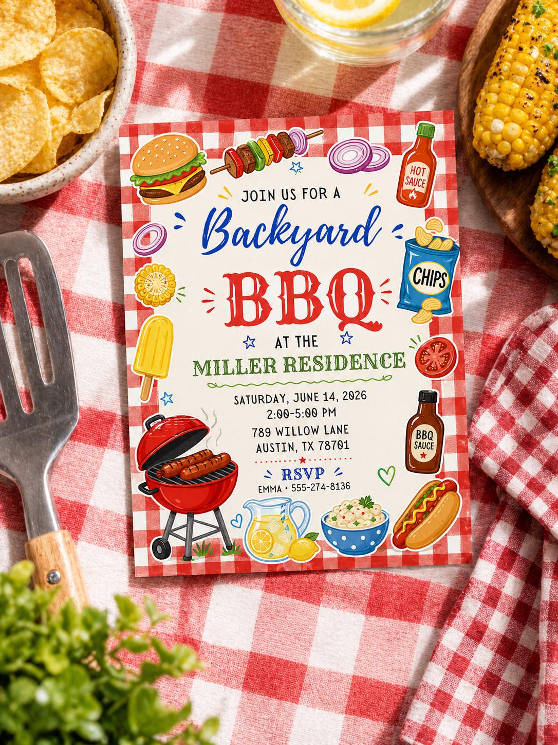 Red Gingham BBQ Birthday Invitation — print-ready birthday party design from VoltBy
