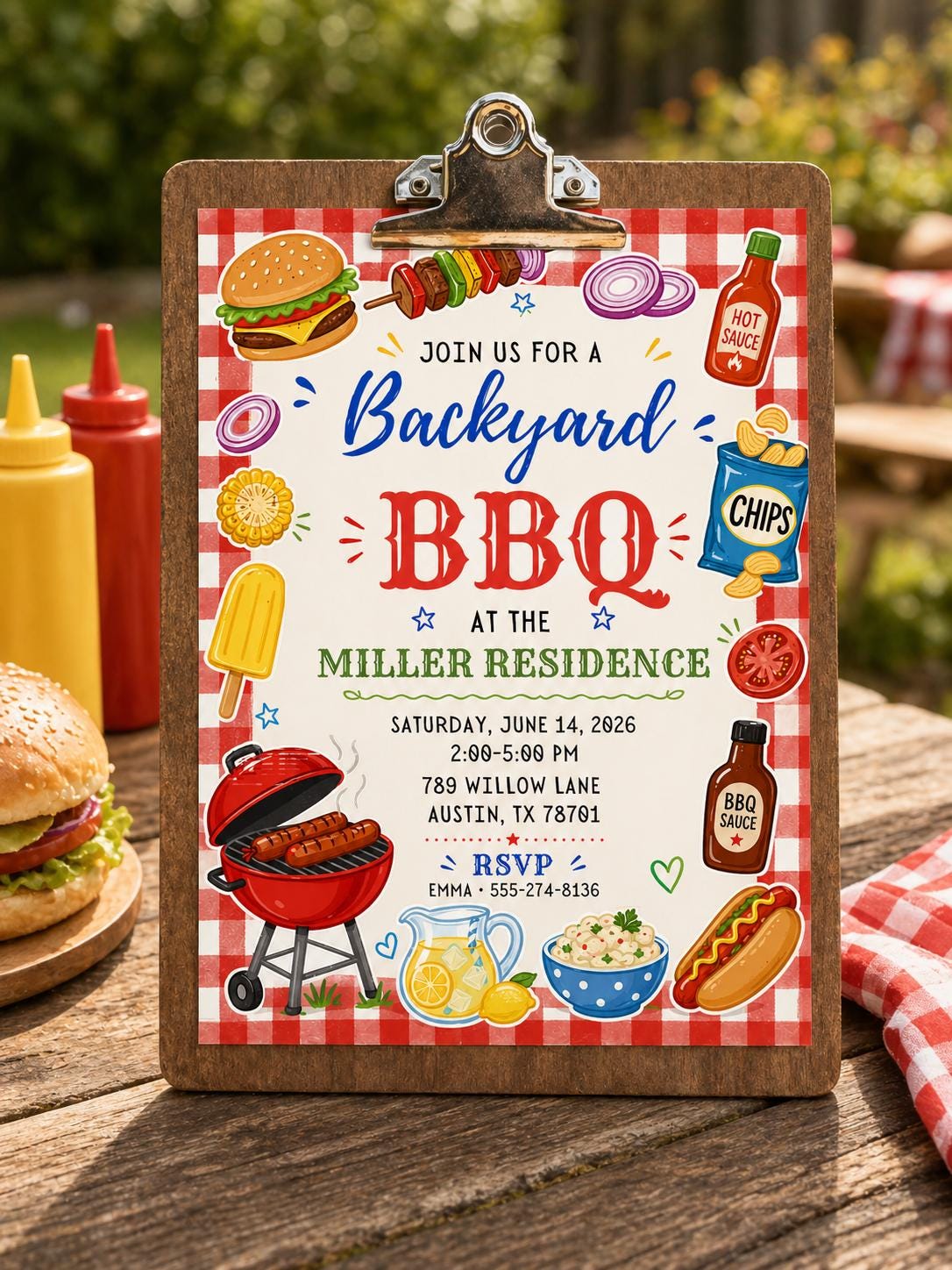 Red Gingham BBQ Birthday Invitation — digital invitation, instant download