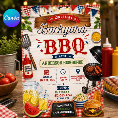 Red Gingham BBQ Birthday Invitation — design view 2
