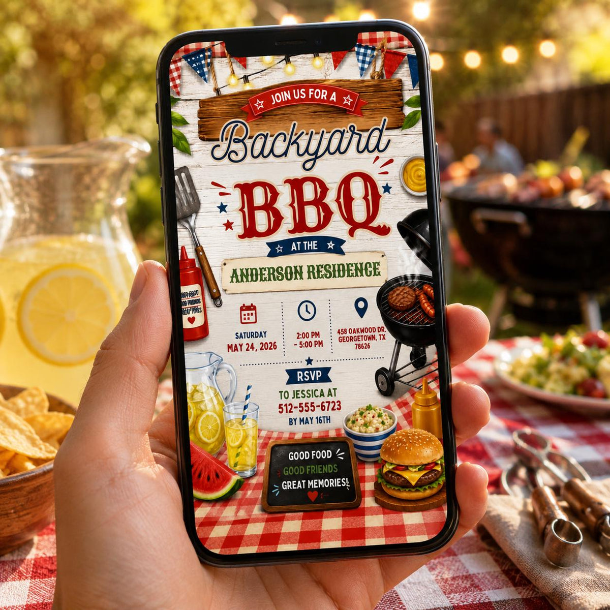 Red Gingham BBQ Birthday Invitation — design view 4