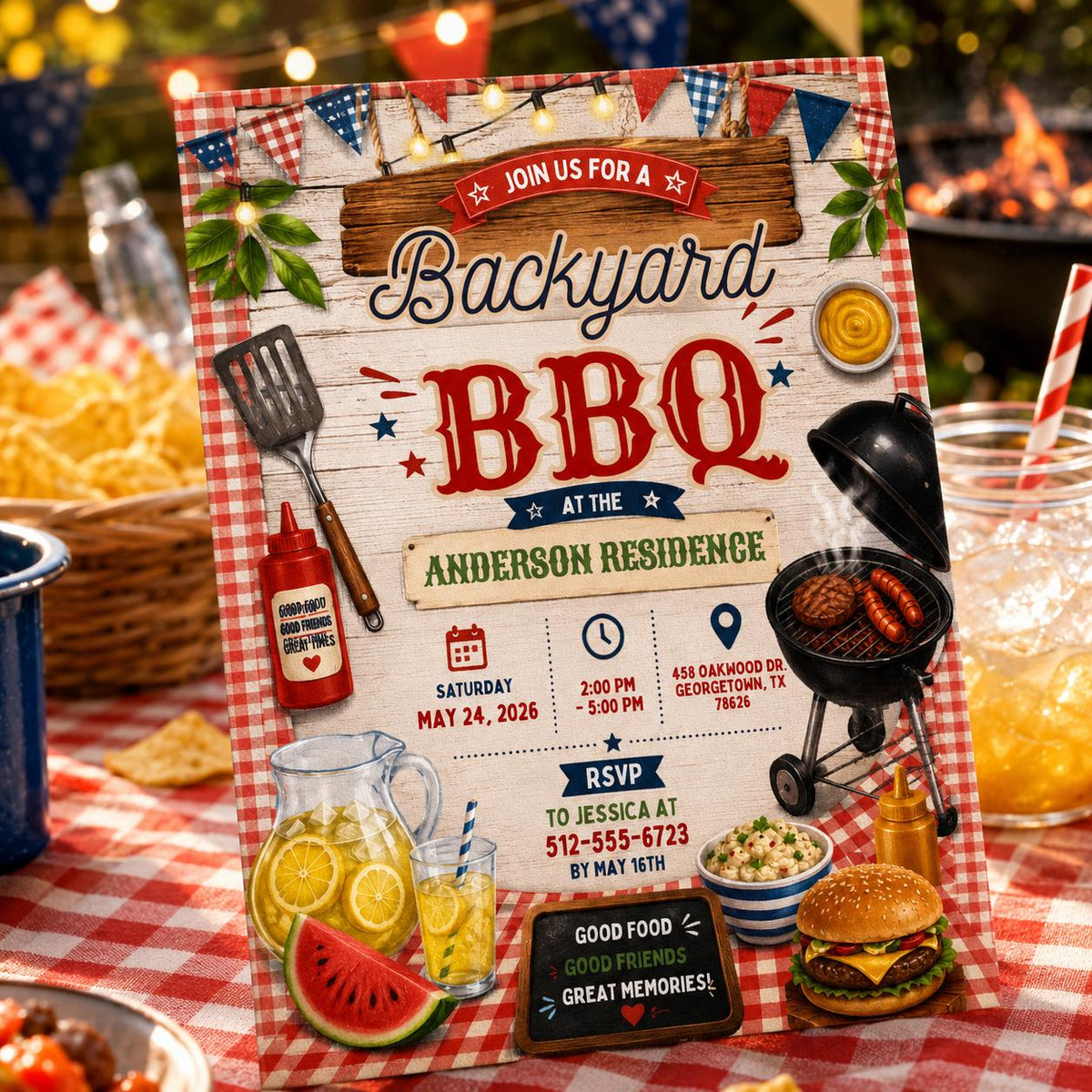 Red Gingham BBQ Birthday Invitation — design view 5