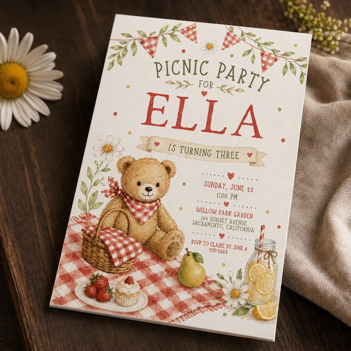 Red Gingham Picnic 3rd Birthday Invitation for Girls — digital invitation, instant download
