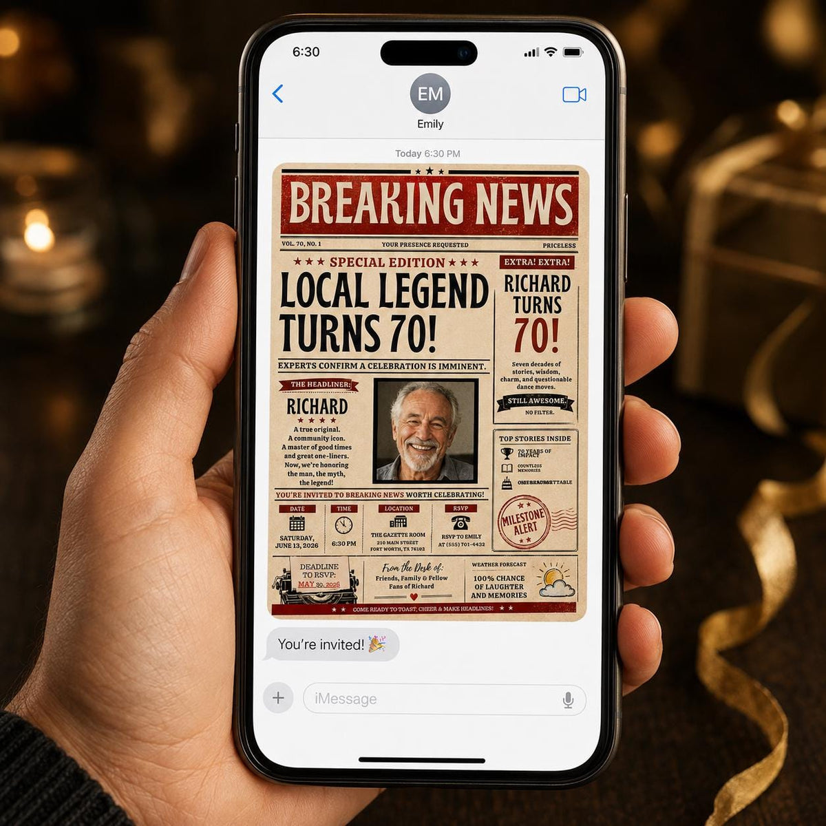 Red Local Legend Newspaper 70th Birthday Photo Invitation in black and cream