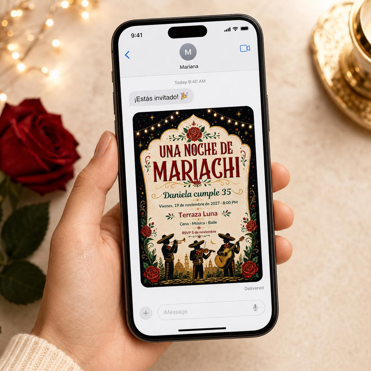 Red Mariachi 35th Birthday Invitation in Spanish — fiesta design