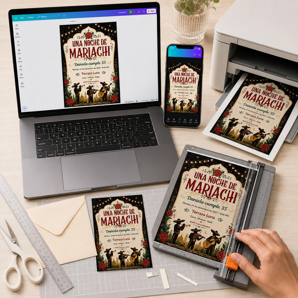 Red Mariachi 35th Birthday Invitation in Spanish — print-ready 35th birthday party design from VoltBy