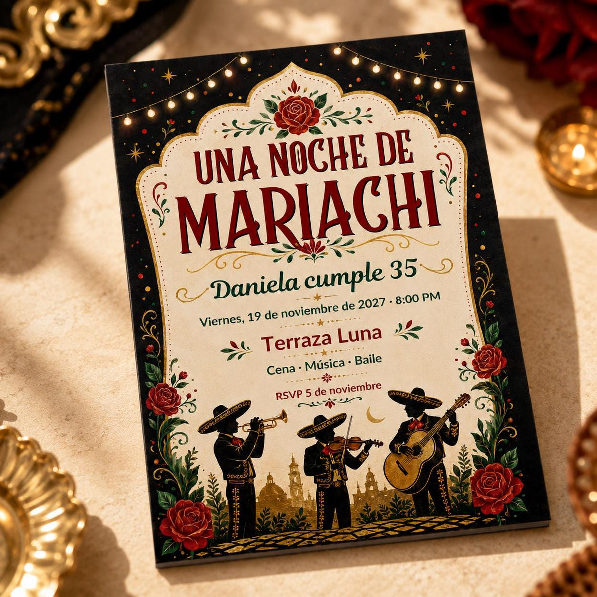 Red Mariachi 35th Birthday Invitation in Spanish — digital invitation, instant download
