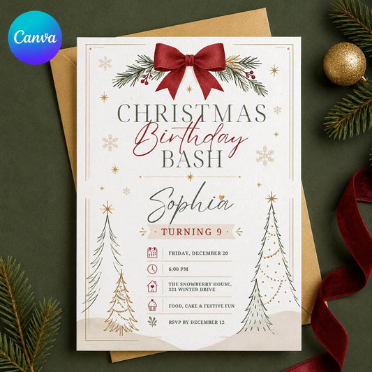 Red Minimalist Christmas Birthday Invitation for Girls — editable Canva template