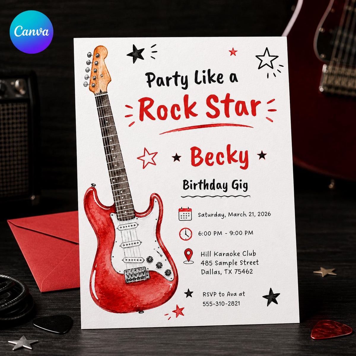 Red Rock Star Guitar Birthday Invitation — editable Canva template