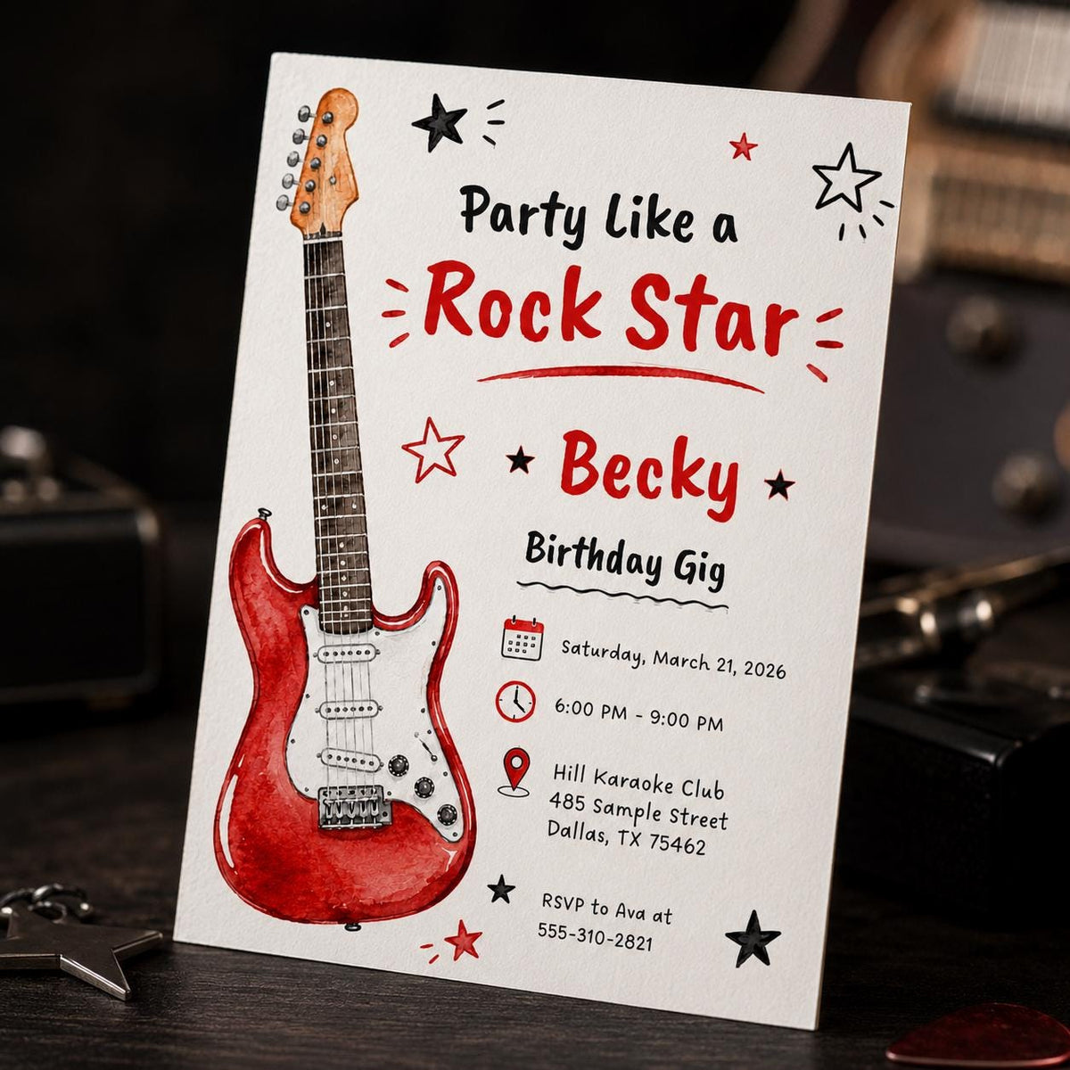 Red Rock Star Guitar Birthday Invitation — music design