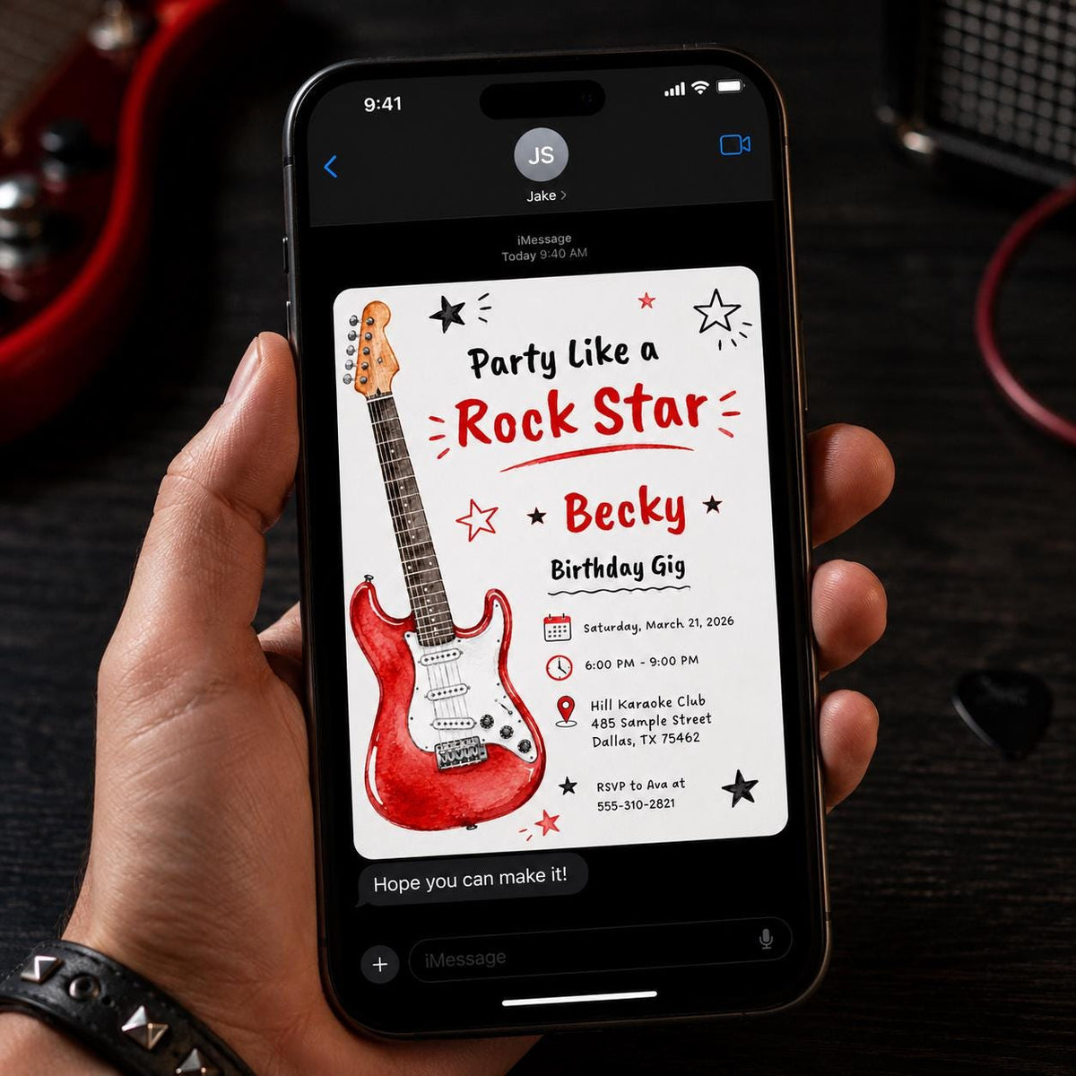Red Rock Star Guitar Birthday Invitation — invitation you personalize in Canva