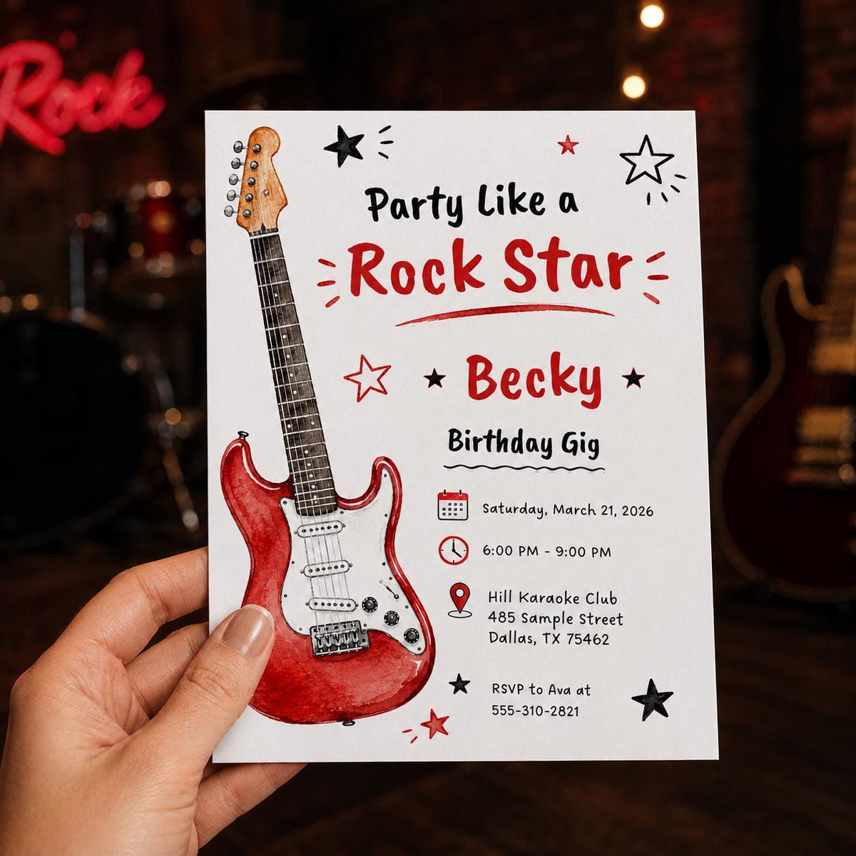 Red Rock Star Guitar Birthday Invitation — print-ready birthday party design from VoltBy