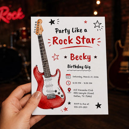 Red Rock Star Guitar Birthday Invitation — print-ready birthday party design from VoltBy