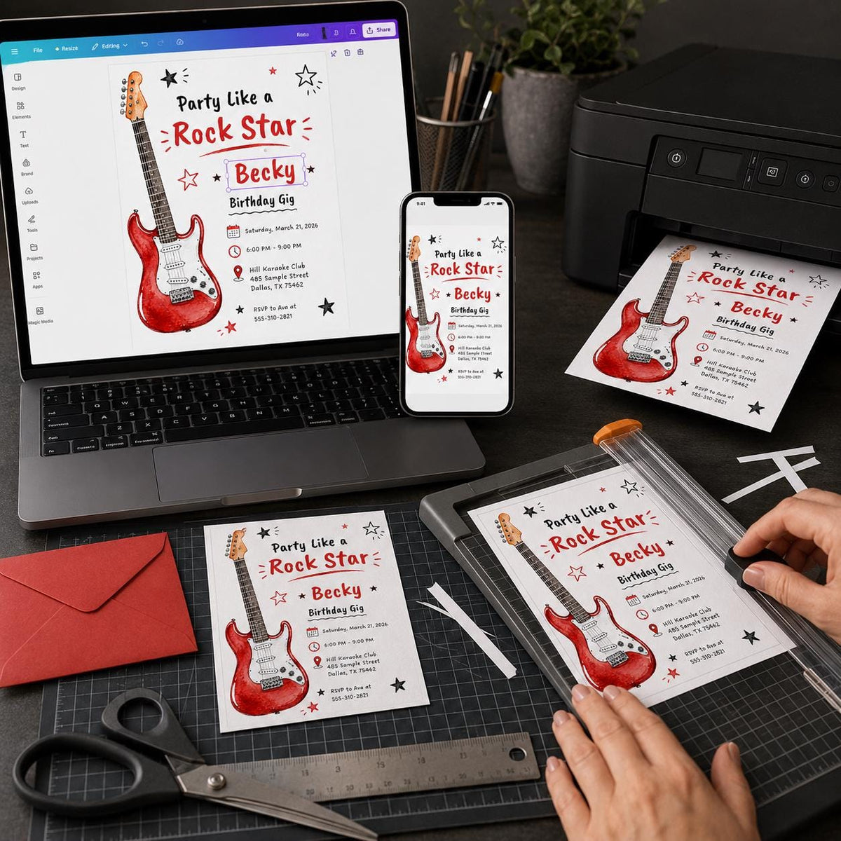 Red Rock Star Guitar Birthday Invitation — digital invitation, instant download