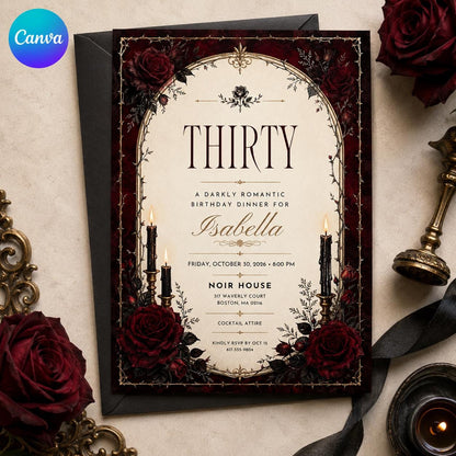 Red Rose Gothic Thirty Birthday Invitation — editable Canva template