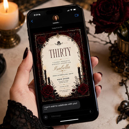 Red Rose Gothic Thirty Birthday Invitation in black and cream